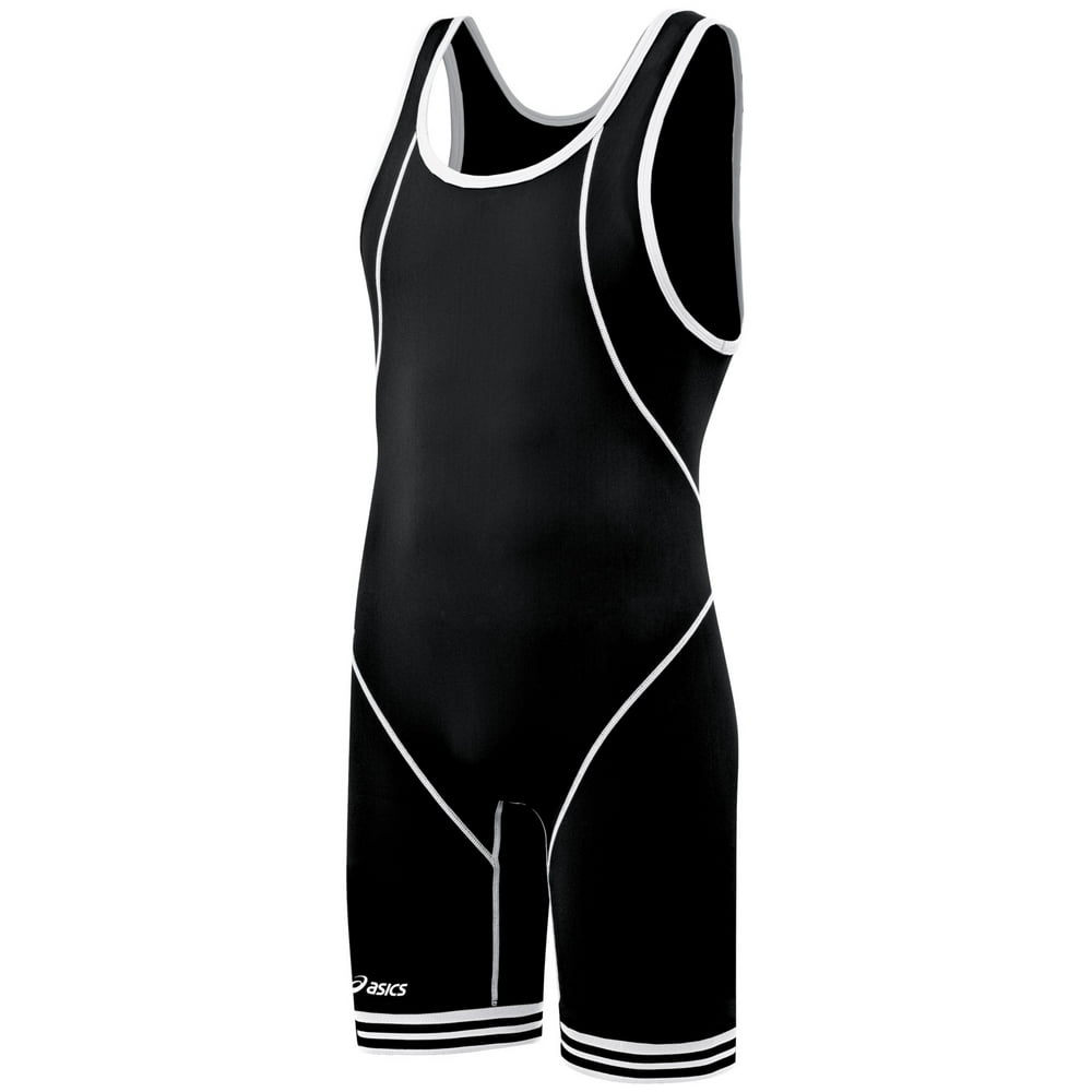 asics snap down wrestling singlet (black/white, 4xs)
