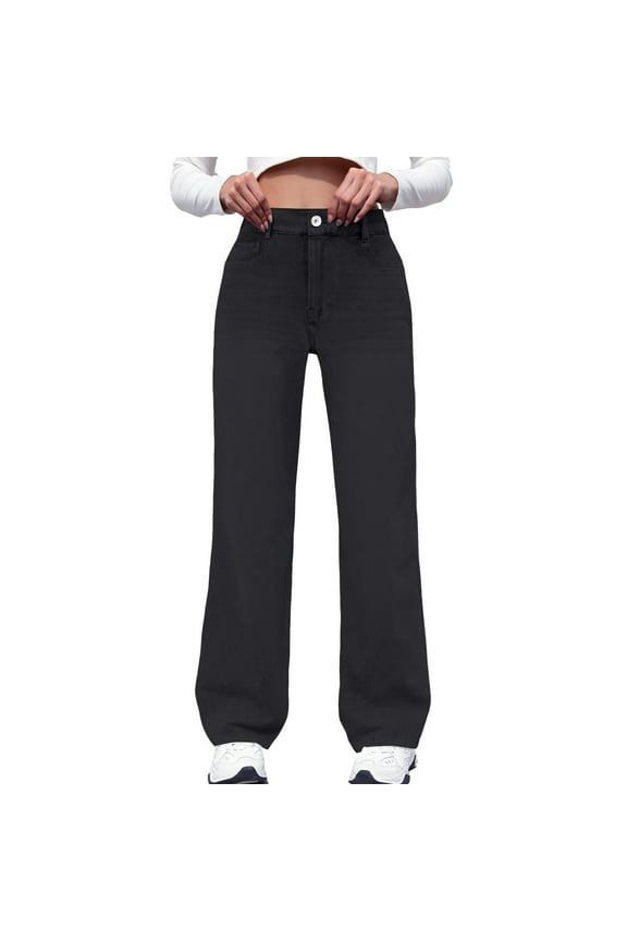 Oversized Sweatpants Jeans Women Soft High Waisted Wide Leg Jeans Comfy Boyfriend Denim Sweatpants with Pocket Black M