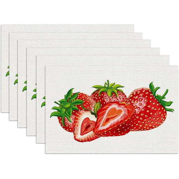 Strawberry Placemats Set of 6, Spring Summer Linen Place Mat Washable Stain Resistant Table Mats for Farmhouse Kitchen Dining Party Wedding Decor 12x18 Inch