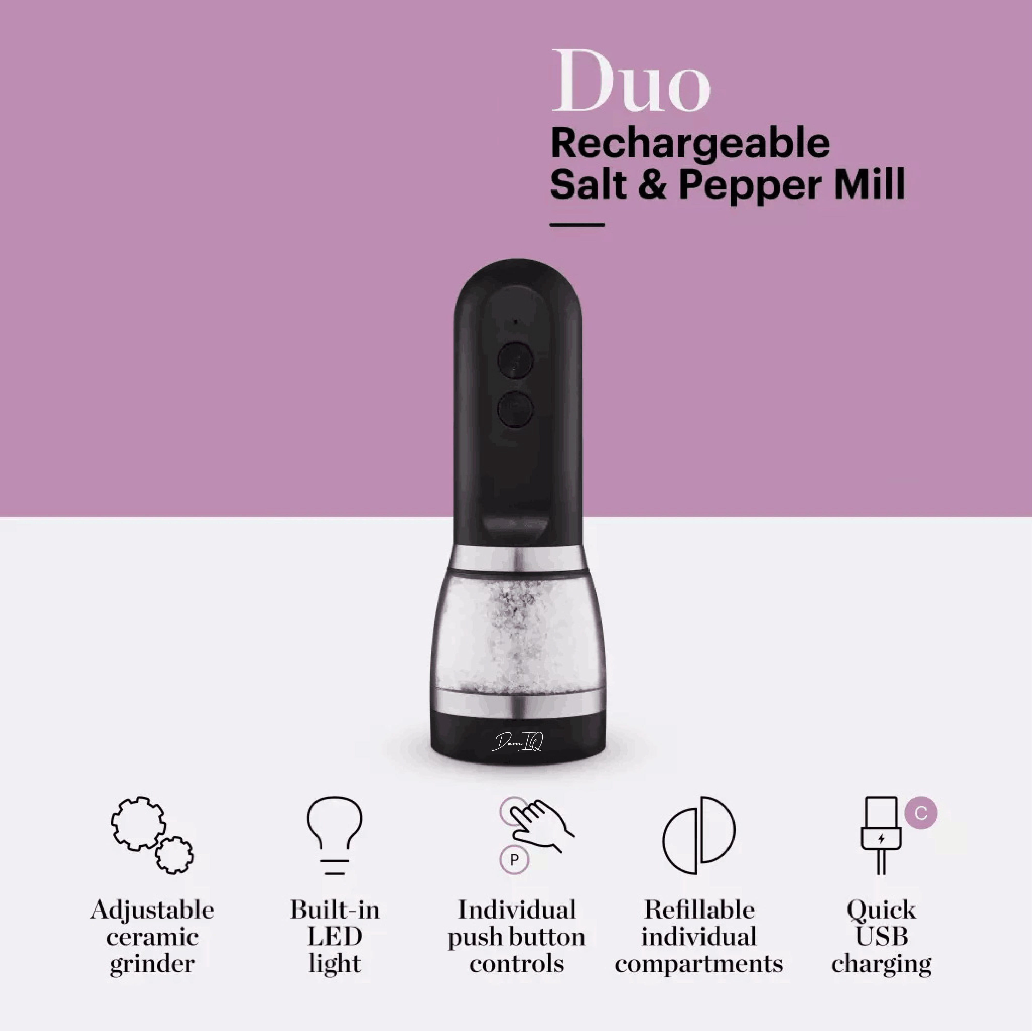 Electric Salt and Pepper Grinder Mill 2 in 1 - USB-C Rechargeable with Adjustable Coarseness, All in One Ceramic grinder with LED Light, One-Handed Operation, Refillable Compartments, Black