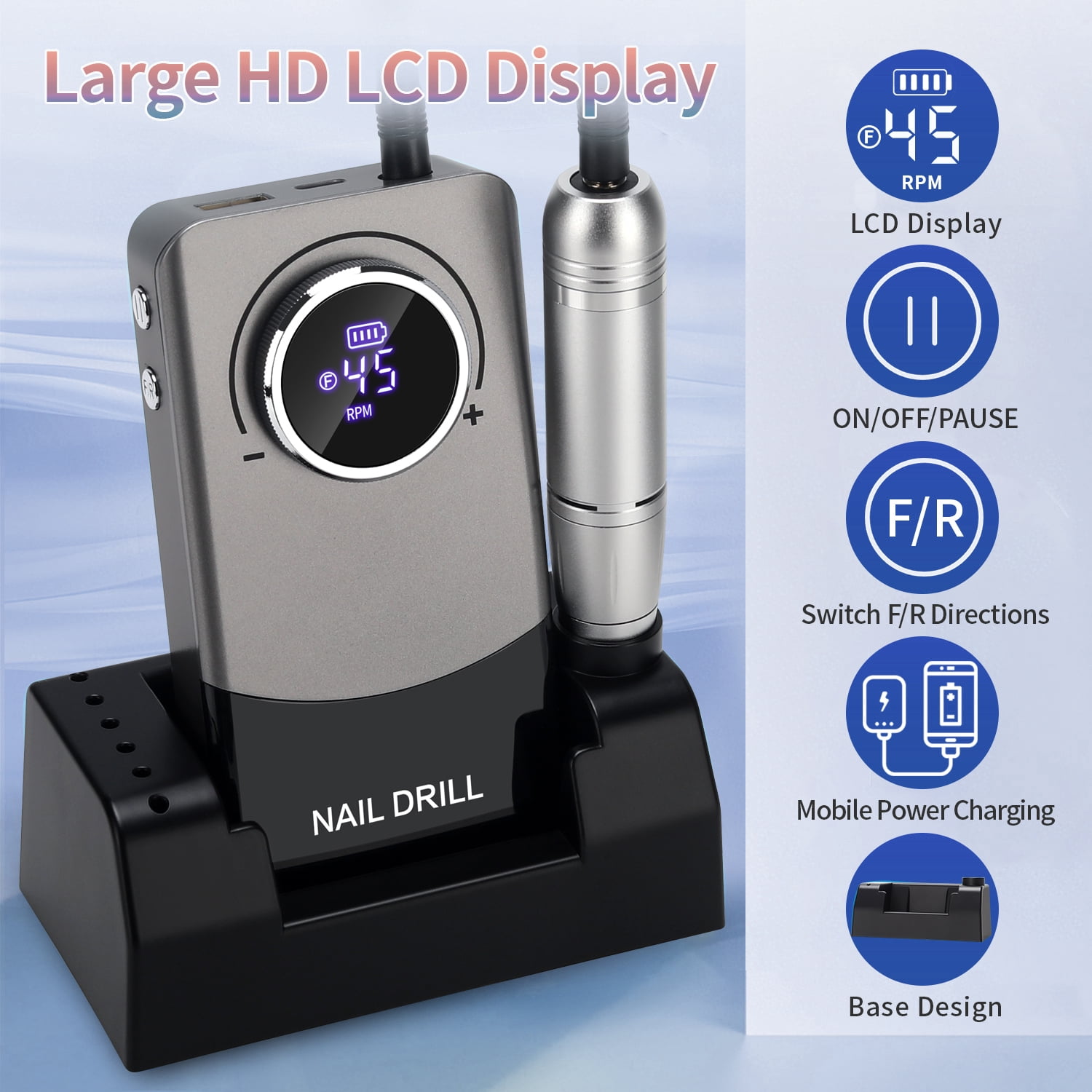 Professional 45000RPM Nail Drill Machine for Acrylic & Gel Nails, Rechargeable Electric Nail File with LCD Display, Low Noise, Portable E-File Tool
