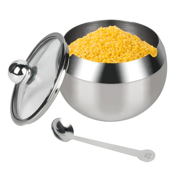 Stainless Stee Sugar Bowl, Sugar Pot with Lid and Spoon, Large Sugar Container for Home Kitchen (500 Milliliter)