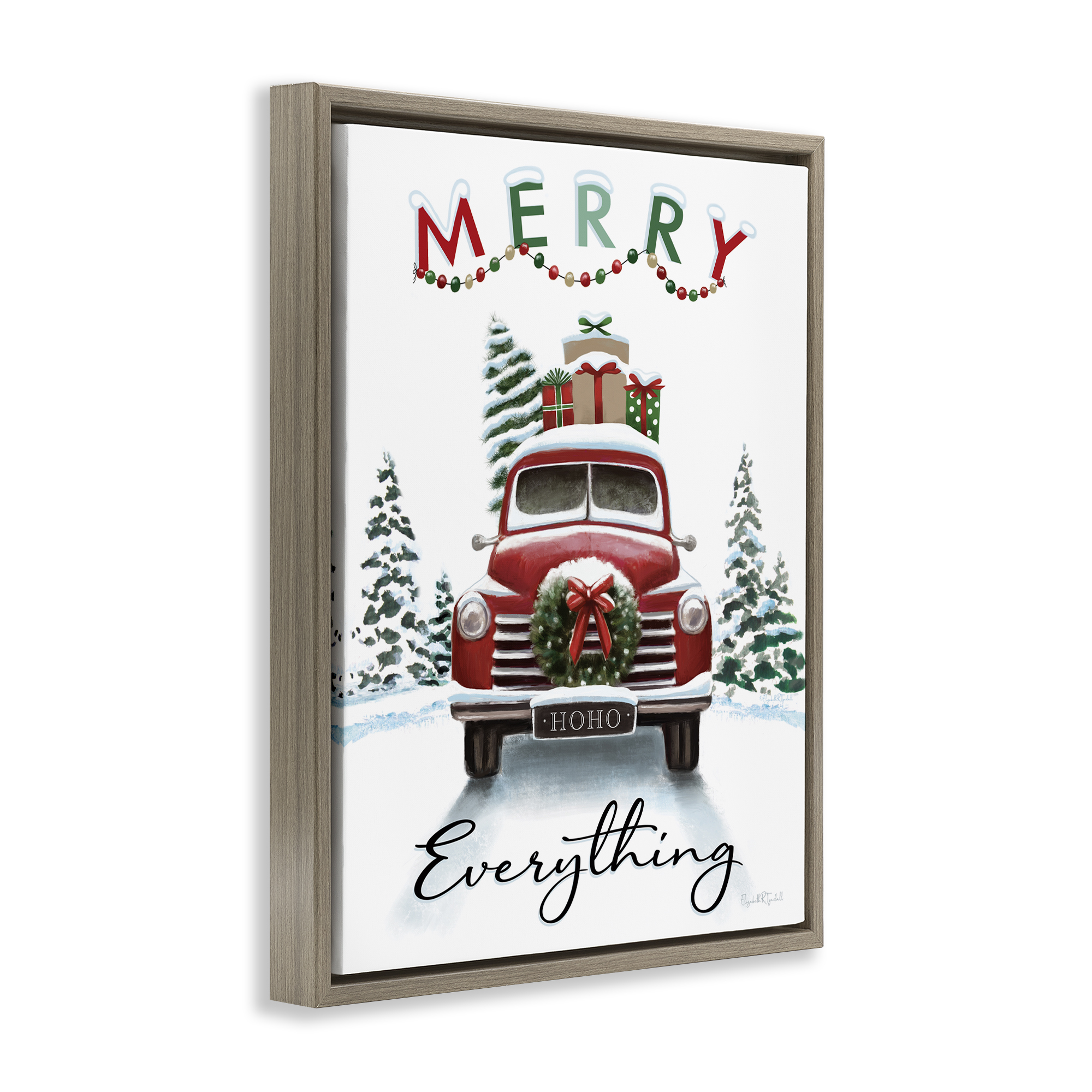 Stupell Industries Merry Everything Gift Car Holiday Painting Brown Floater Framed Canvas Art Prints Wall Art, 17 x 21