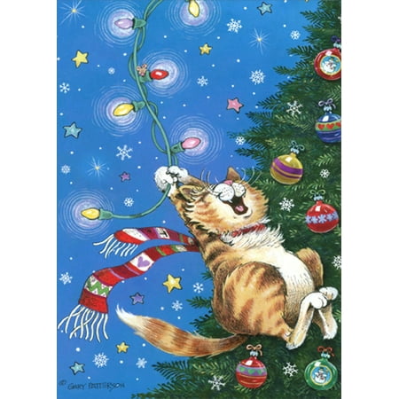 LPG Greetings Cat Swinging from Christmas Tree Lights : Gary Patterson Box of 18 Funny Christmas