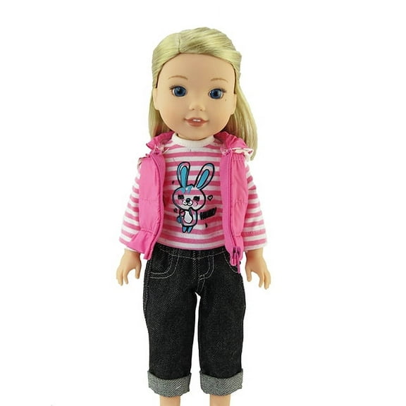 Pink Polka Dot Bunny Puffer Vest With Striped Sweater Outfit - Compatible with 14 Inch Wellie Wisher Dolls | 14 Inch Doll Clothing