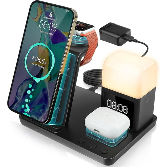 Wireless Charger Smart Charging Station,20W 6 in 1 Fast Charger with Alarm Clock-Night Light,Smart Watch Charger,Wireless Earbuds Charger