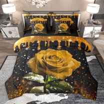 Homewish Gold Glitter Print 7 Pieces Bedding Comforter Set,Romsntic Yellow Rose Full Bedding Set,Rustic Flower Floral Fitted Sheet Flat Sheet For Adults,Ultra Soft Home Decor Reversible