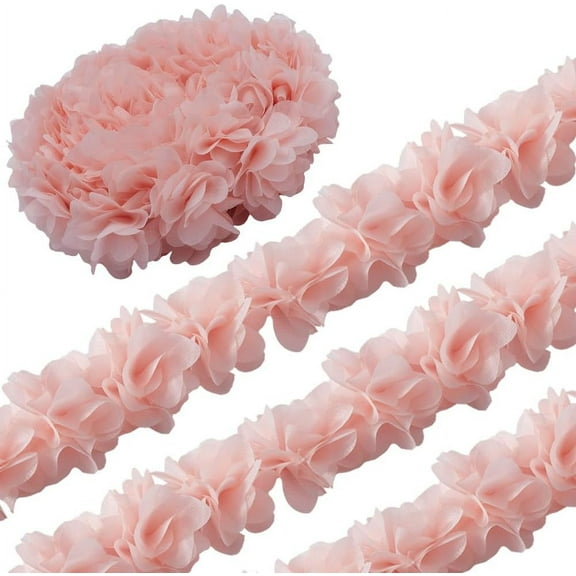 5 Yards 2 Inch Chiffon Lace Trim Light Salmon 3D Chiffon Cluster Flowers Edging Trimming Floral Decorative Ribbon Fabric Applique for DIY Sewing Wedding Dress Costume Decoration