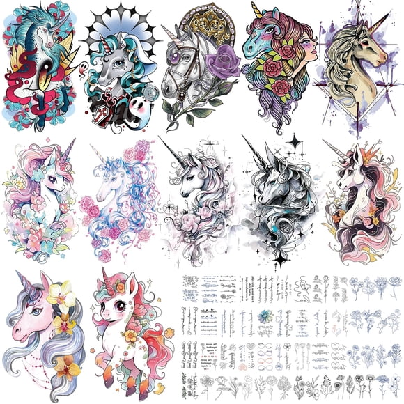 VERKSTAD Tatuajes temporales para mujeres, impermeable, realista, símbolo de escritura de flores, unicornio, tatuajes falsos para niñas, kits de tatuajes florales, arte de manos y cuerpo para fiestas,