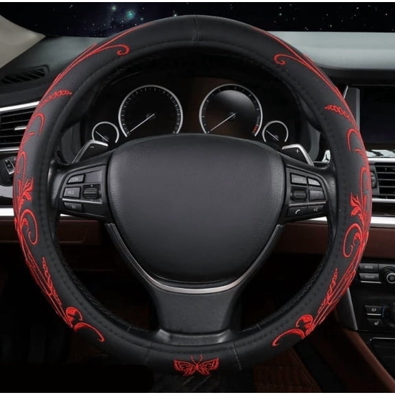 O-Shaped Embroidered Leather Steering Wheel Cover Non-Slip Universal Fit for Cars Trucks SUVs