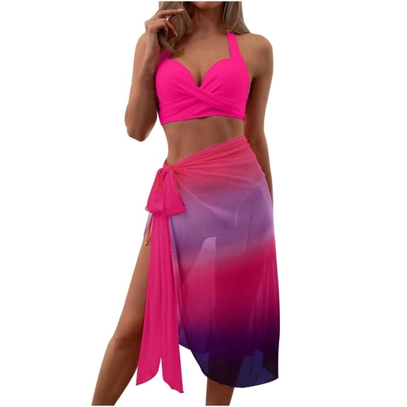WREESH Womens 3 Piece Swimsuits Bikini Set with Sarong Bathing Suit Beach Cover Up Wrap Skirt Fashion Printed Swimsuit Fitting Swimsuit Split Swimsuit Set Hot Pink