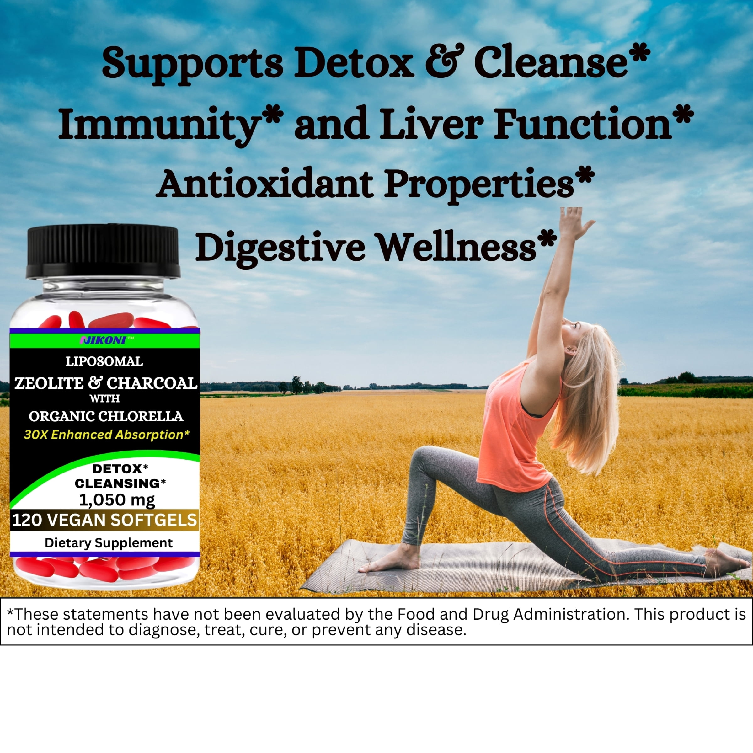 Nikoni Liposomal Clinoptilolite Zeolite, Charcoal and Organic Chlorella Supports Detox 120 Vegan Softgels