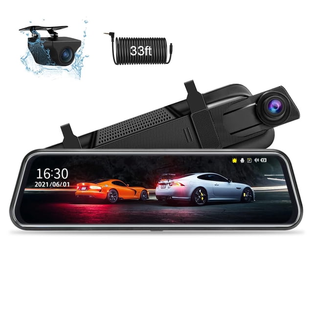 Cámara de espejo retrovisor mejorada de 10 pulgadas, cámara de tablero con espejo, cámara de respaldo delantera y trasera de 1080P, pantalla táctil completa con grabación en bucle, visión nocturna con