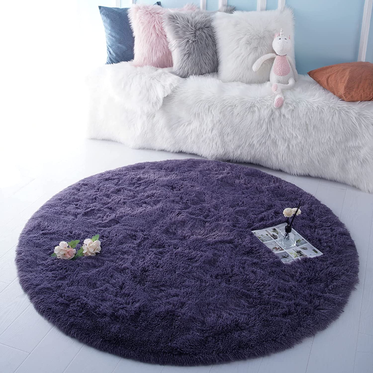 YJ.GWL Round Fluffy Area Rugs Fluffy Carpet Plush Rug for Living Room Bedroom Circular Fuzzy Mat
