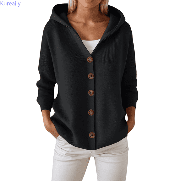 Kureaily Knitted Hooded Cardigan Coat With Buttons Pure Color Casual And Fashionable Women's Wear For Autumn And Winter Lightweight Clothing