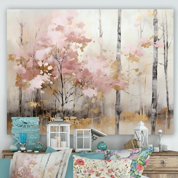 Designart Forest Wall art decor, Forest Wall Art, Pink And Gold Minimalist Forest , beige Large Canvas wall art, 32x16 inches