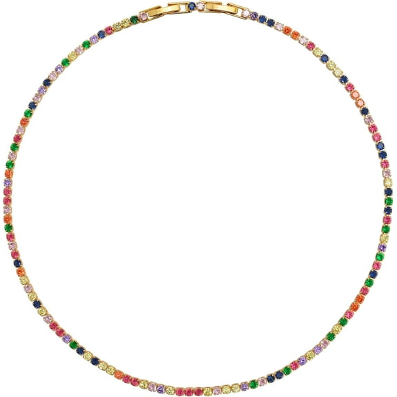 15 Inch Summer Choker For Women 2 Mm Colourful Tennis Necklace 4 Claw Round Solitaire Simulated Diamond Necklace Gold Plated Chain Gemstone Necklace Moissanite Chain[Z4787]