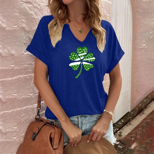 Puntoco Rebajas de blusas cortas para mujer Blusa informal de moda con cuello en V y mangas cortas con estampado del Día de San Pablo para mujer