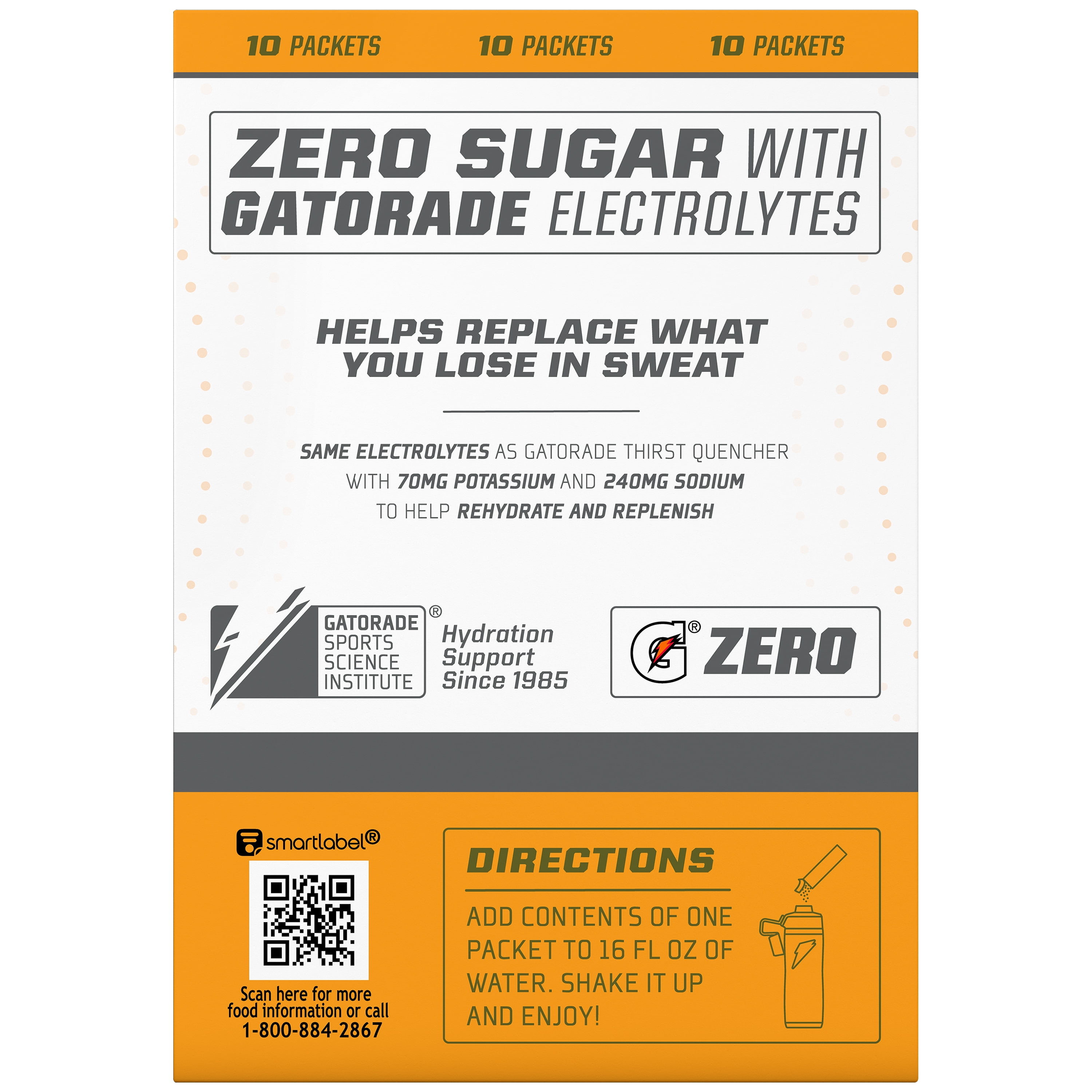 Gatorade G Zero Sports Drink Orange Flavoured, Powdered Energy Drink Mix, 0.9 oz, 10 Count Packets