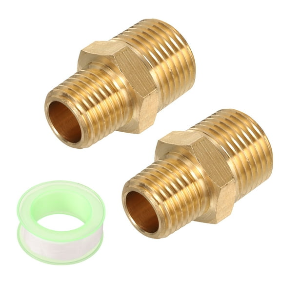 Uxcell 2pcs Hex Nipple Brass Pipe Fitting, 1/4 NPT Male x 3/8 NPT Male Threaded Pipe Adapter Pipe with PTFE Tape, Gold Tone
