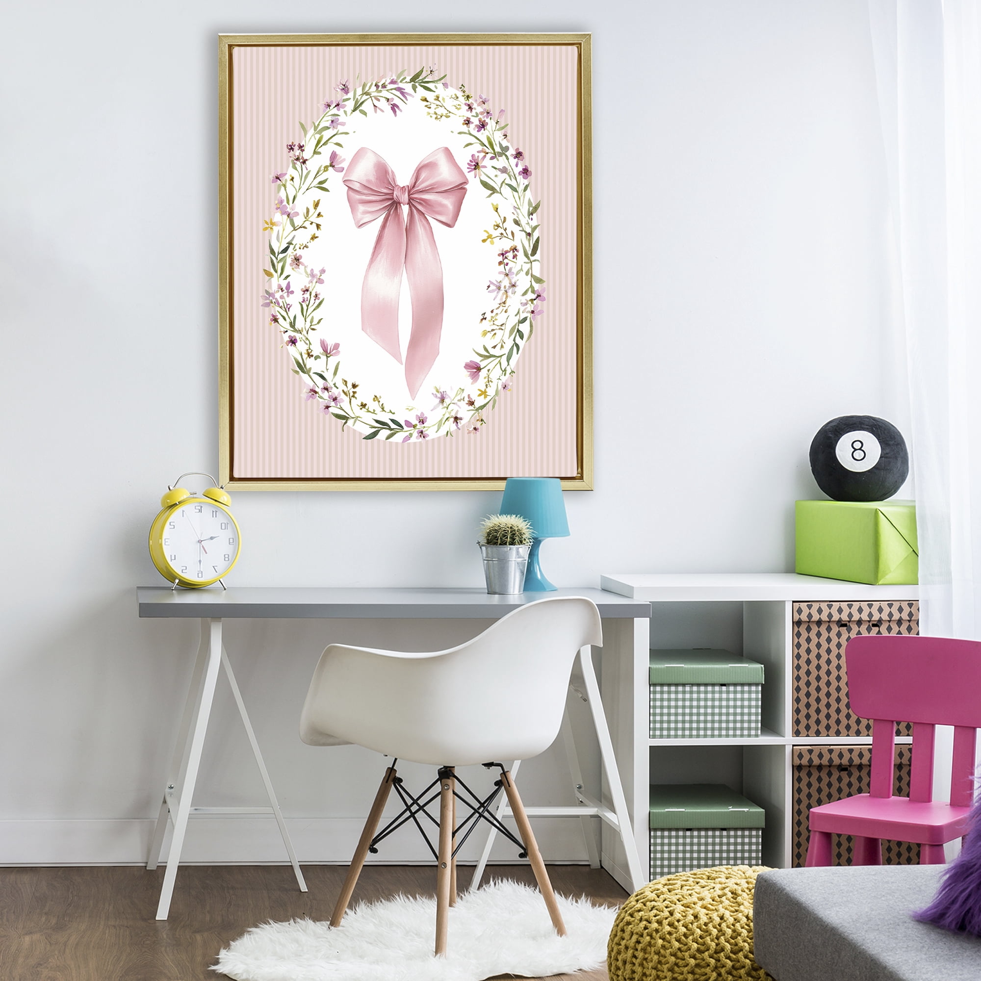 Stupell Industries Ribbon with Oval Florals Gold Framed Floater Canvas Wall Art, design by Christine Simpson Art