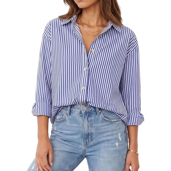 Odifni women`s striped botton down shirts with Long Sleeve,Wrinkle-Resistant,work fashion outfit,Regular Fit