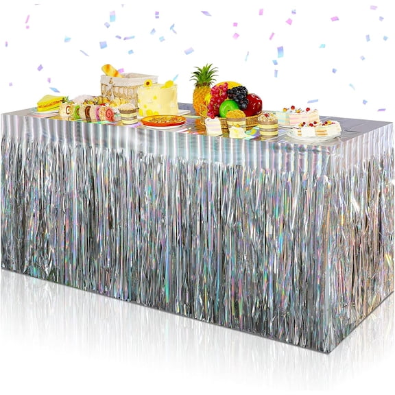 4 Pack Iridescent Table Skirt, Metallic Foil Frin Tinsel Skirts for Rectangle Tables, Disposable Laser Rainbow Skirt Party tions Birthday Wedding Holiday, 29x108Inch