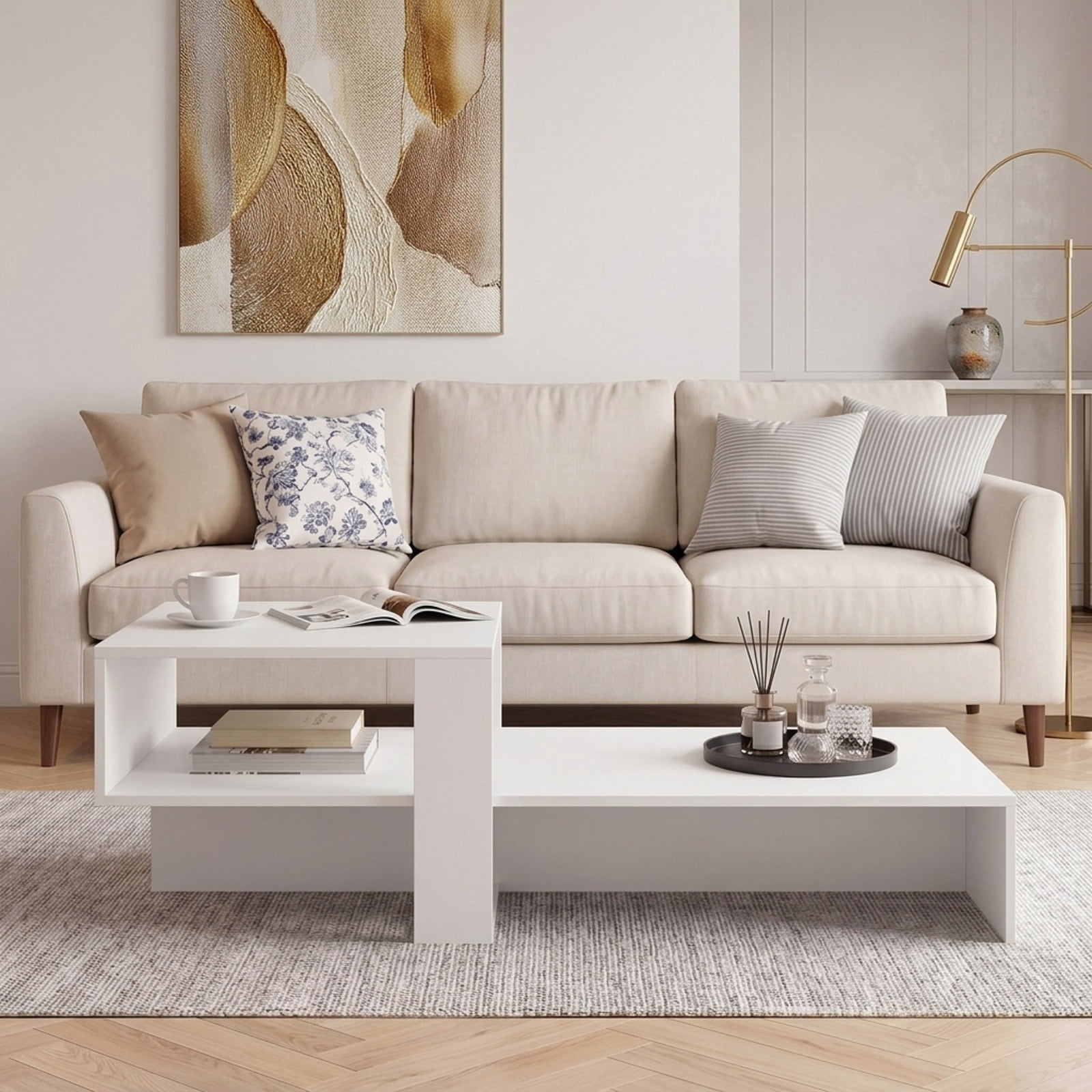 Furnibear 2 Tier Modern Irregular Coffee Table with Open Storage Shelf and Geometric Silhouette for Living Room for Home and Living Space, White