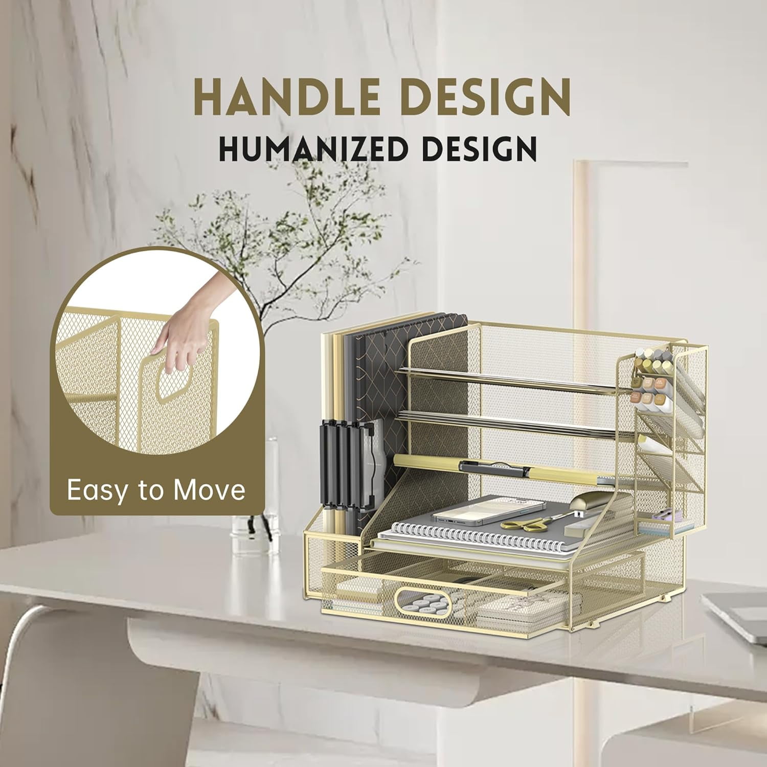 INTIGE 5-Tier Metal Mesh Desktop Organizer with File Holder, Drawer and Pen Holder, Paper Organizer, Yellow, 1 Pack