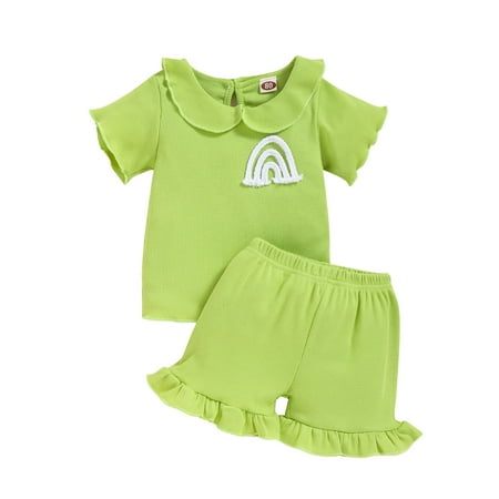 

Qufokar 0-3 Months Baby Girl Clothes Newly Born Woman Toddler Gilrs Short Sleeve Rainbow Ribbed T Shirt Tops Ruffles Shorts Outfits