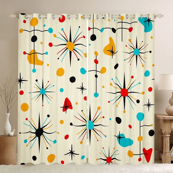 Manfei Mid-Century Atomic Starburst Kitchen Curtains, Abstract Theme Black Out Curtains Pack of 2 (42x63 Each), Beige Red Blue Black