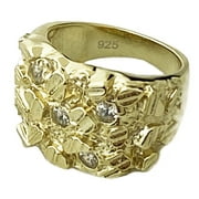 Mens Nugget Ring 14K Gold Plated over Real Solid 925 Sterling Silver Iced Diamond Cut Size 9