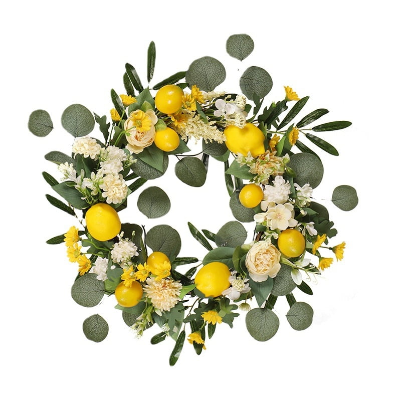 LONGRV Artificial Lemon Wreath with Faux Yellow Lemon Flower and Green Leaves with Buffalo Bow