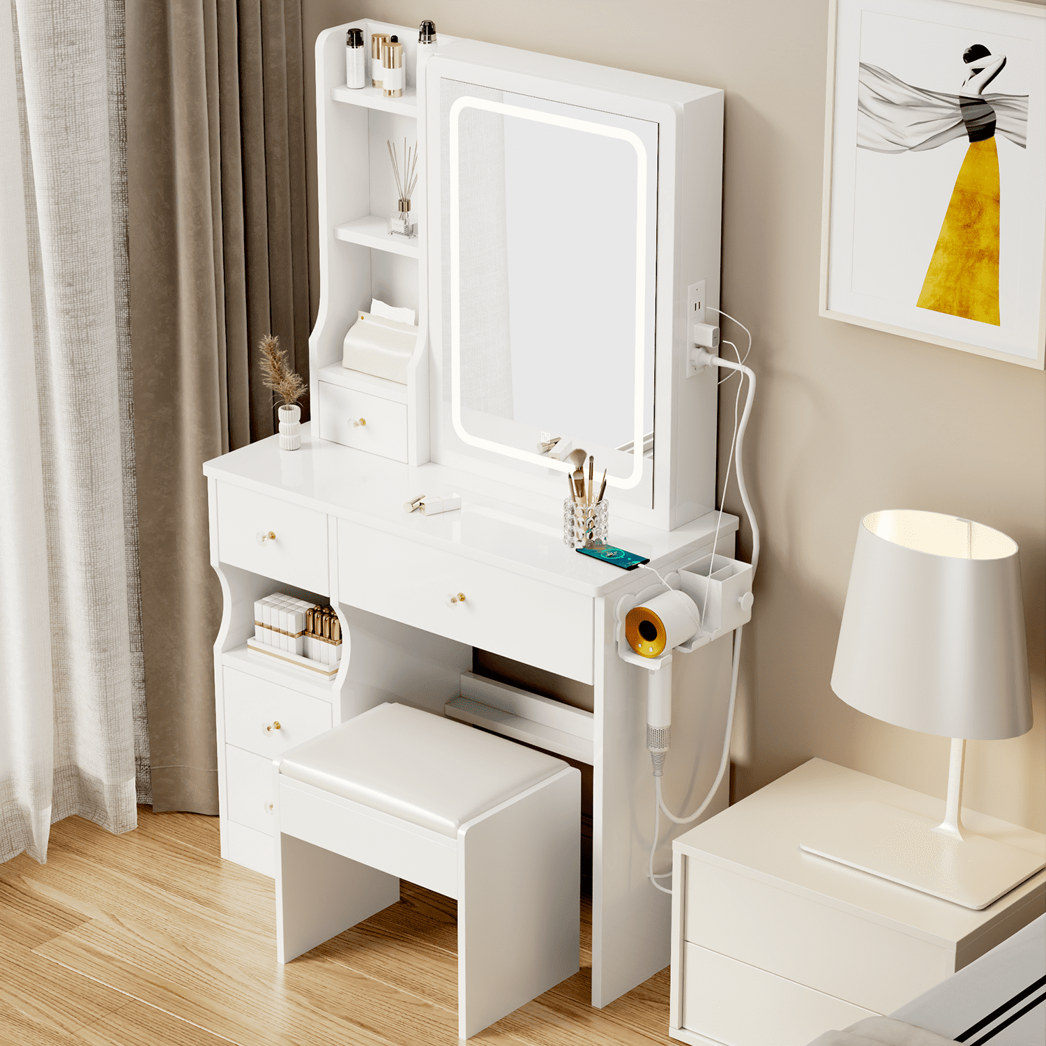 Resenkos Makeup Vanity Desk Set with Lighted Mirror, Power Outlet&Stool, Bedroom Dressing Table Makeup Desk, White