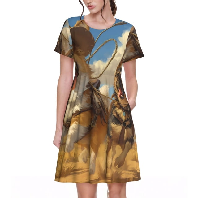 Balery Farm Corgi German Shepherd Vestidos sueltos de manga corta para mujer, vestidos de verano 2025, vestidos casuales de corte A con vuelo.