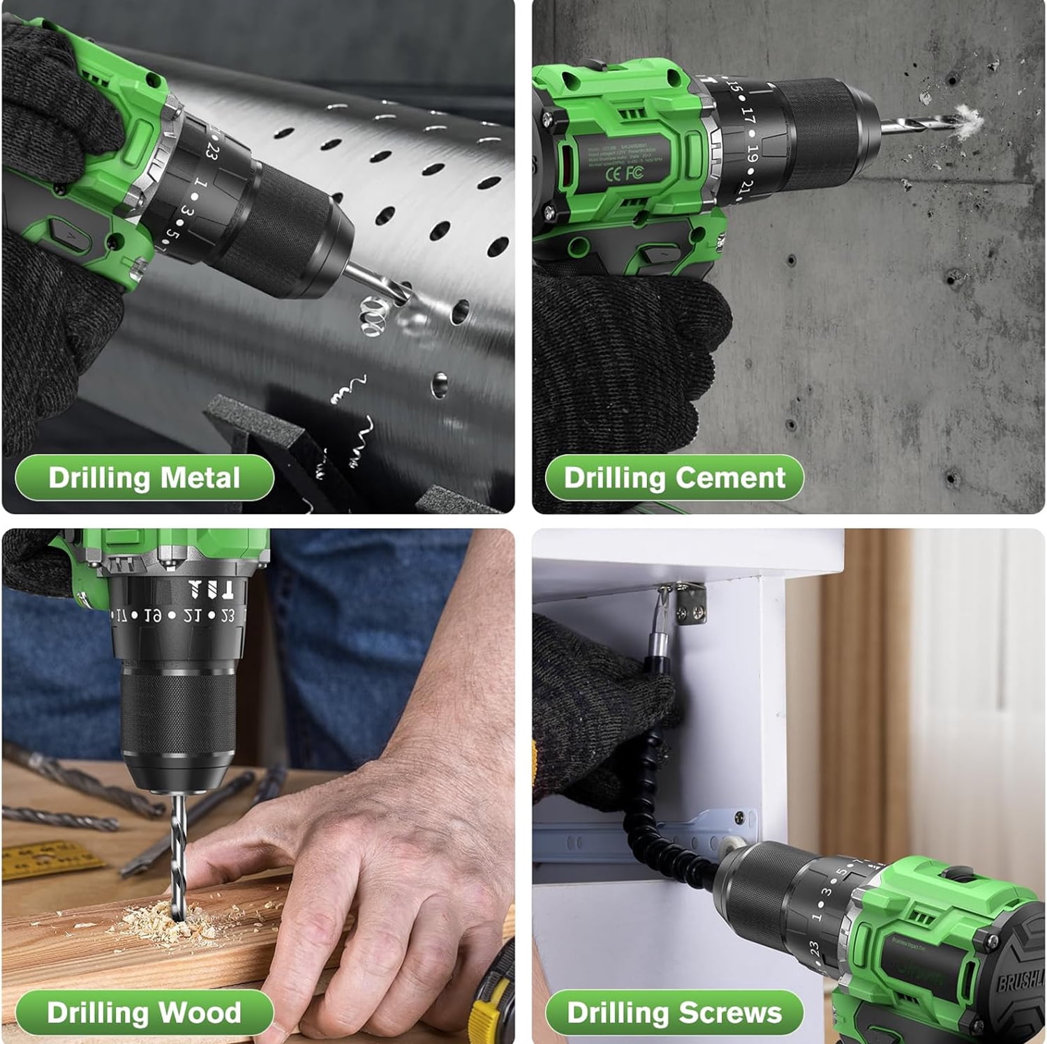 21V Cordless Drill Set, Electric Power Drill 34Pcs with 3/8 Inch Keyless Chuck, 25+3 Clutch Compact Driver Drill with Work Light, Max torque 45Nm, 2-Variable Speed & Battery and Fast Charger