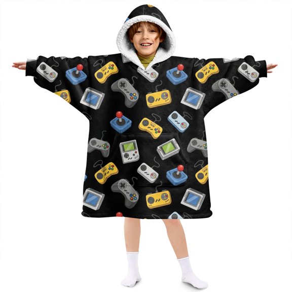 Game Controller Black Pattern Lamb Fleece Blanket Hoodies for Teens ,Teens Oversize Sherpa Wearable Hooded Blanket Sweatshirt with Super Pockets