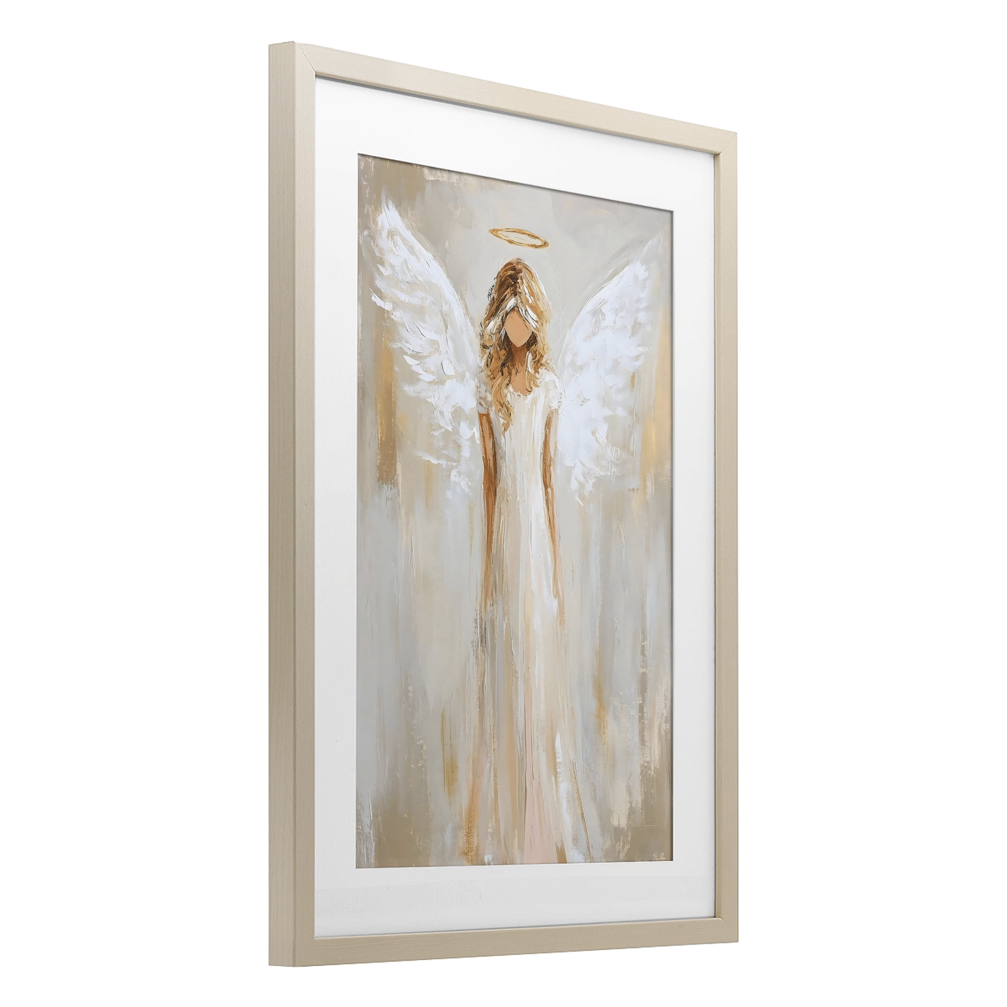 Divine White Robe Angel Birch Framed Print Under Glass, design by Petal Prints Design