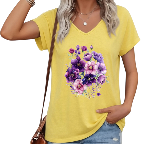 UNISHE Women's Yellow V-Neck T-Shirt Watercolor Floral Print Short Sleeve Casual Loose Fit S-5XL