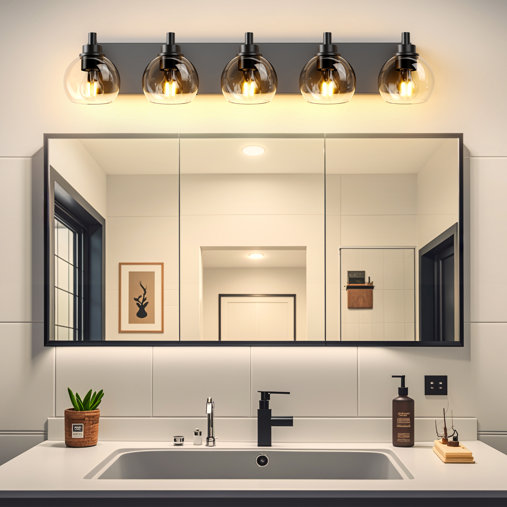 Leumius Farmhouse Bathroom Vanity Light Fixtures, 5-Light Bathroom Light Fixtures Over Mirror, Rustic Sconces Wall Lighting with Glass Shade for Living Room, Bedroom, Hallway