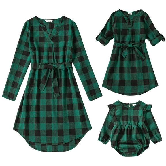 FYMNSI Mommy and Me Christmas Outfit Plaid Gingham Print Dresses Holiday Party Family Matching Dress Green (Baby 3-6 Months)