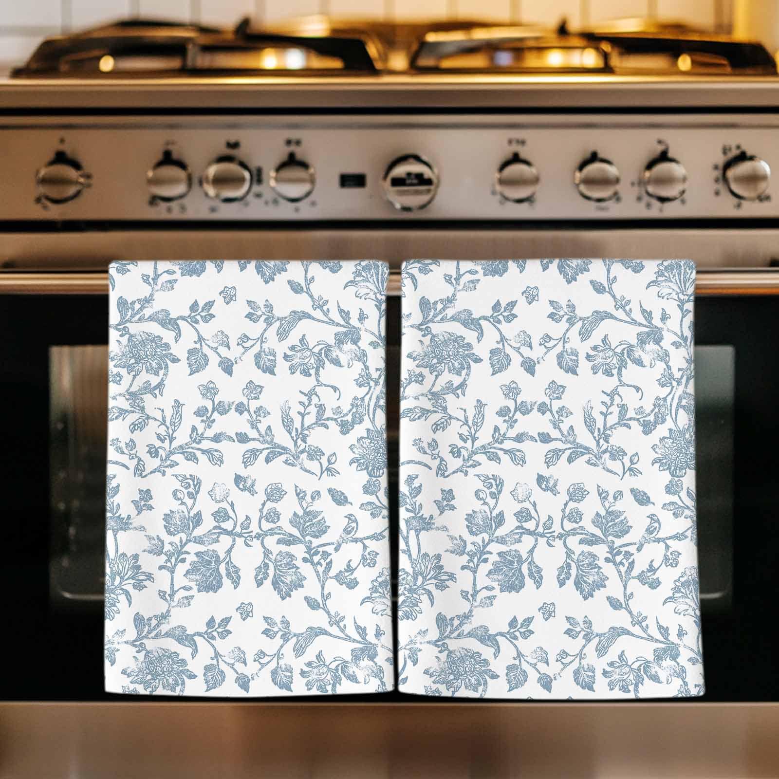 Light Blue Flower Kitchen Towels Set of 4, Vintage Farmhouse Boho Leaf Spring Soft Microfiber Dish Towels, Absorbent Quick-Dry Washable Dishcloths for Kitchen Cleaning, Drying Dishes, 18x28 Inches
