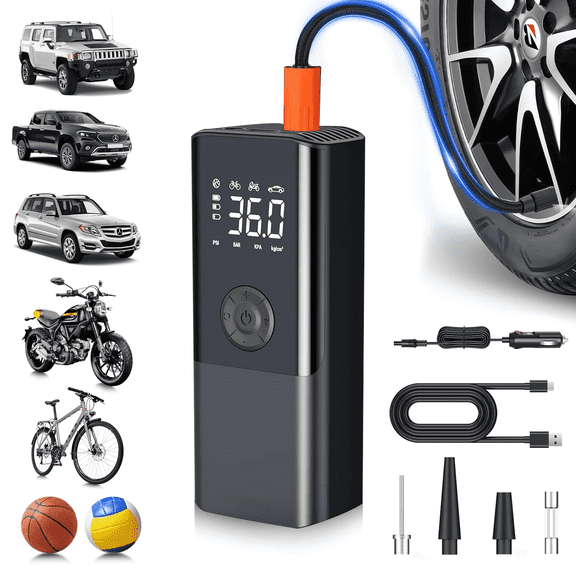AOMBOO Tire Inflator Portable Air Compressor, for Car Tires with Automatic Shutoff, 150 PSI Digital Pressure Gauge, Emergency LED Light, Cordless and Compact Automotive Pump, Black