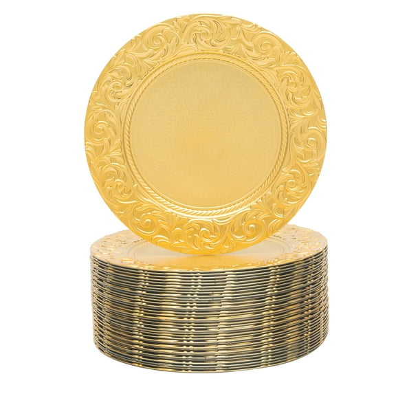 ChicHomey 100 Pcs Gold Charger Plates,13in  PP Material Embossed Dinner Plate,Lightweight & Stackable Storage​​,for Weddings, Parties & Events