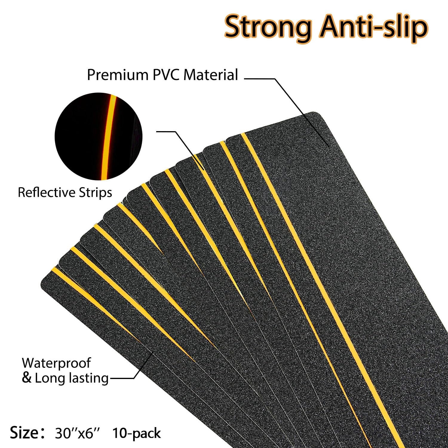 6" x 30" 10Pack Anti Slip Stair Tread with Reflective Strips,Best Grip Non Skid Tape,Anti-Skid Tape, High Traction Adhesive for Stairs Step