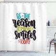 thumbnail image 1 of Smile Shower Curtain, Be the Reason Someone Smiles Today, Fabric Bathroom Set with Hooks, 69W X 75L Inches Long, Dark Seafoam Charcoal Grey Yellow Green and Burnt Sienna, by Ambesonne, 1 of 3