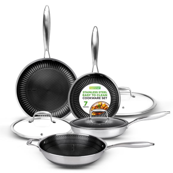 NutriChef Juego de sartén y wok de acero inoxidable de tres capas de 7 piezas: antiadherente, compatible con inducción, apto para horno, resistente a rayones, apto para lavavajillas