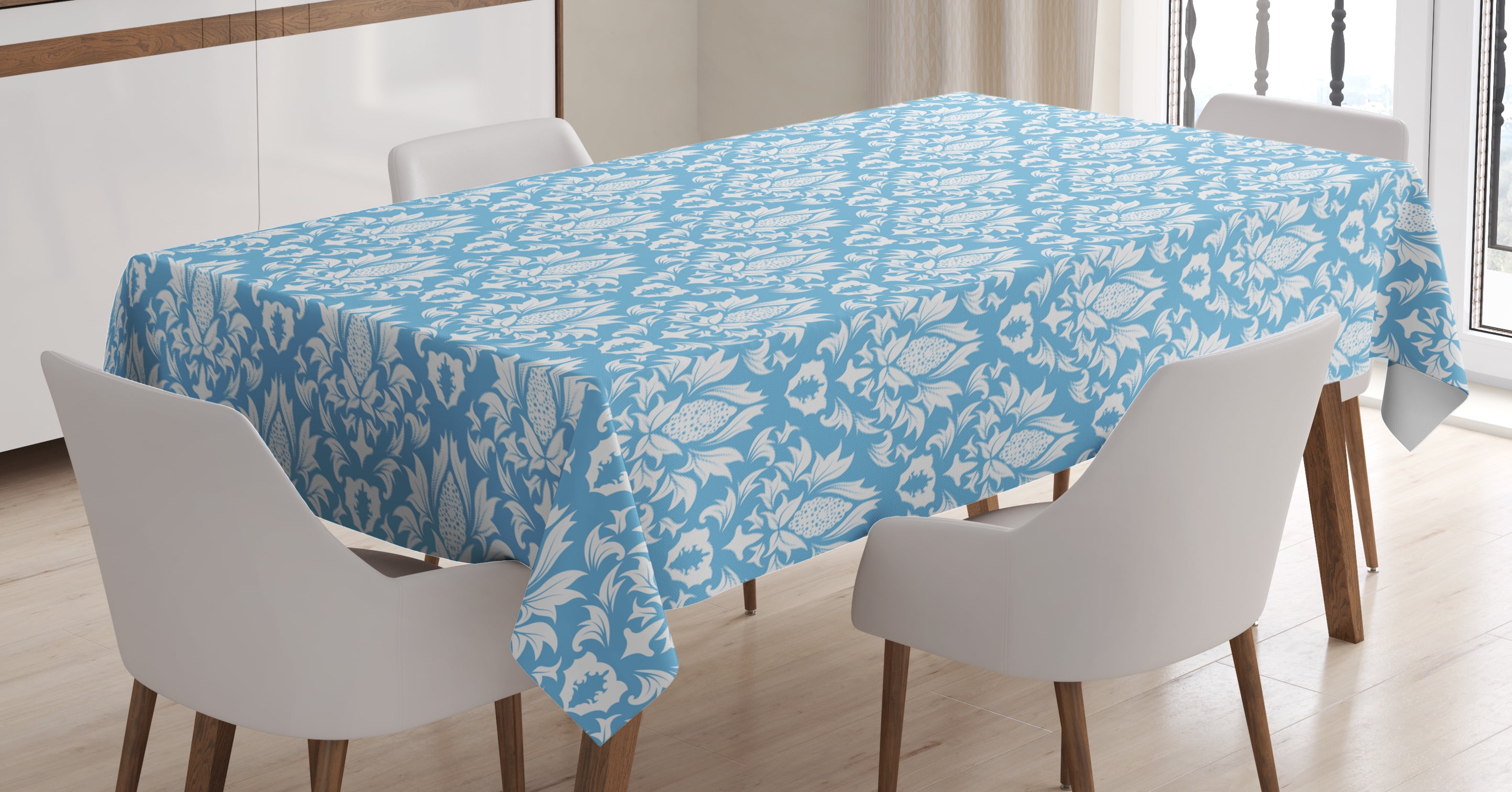 Damask Tablecloth, Natural Pattern in Blue and White Organic Garden