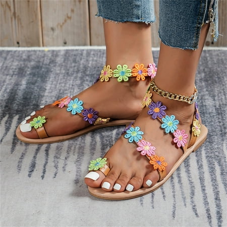 

dmqupv Womens Leather Sandals Fashion Spring And Summer Women Sandals Flower Flat Arch Support for Sandals Women