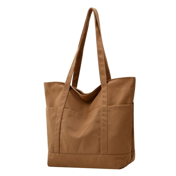 Muka Large Canvas Tote Bag with Multiple Pockets, Brown Heavy Duty Shoulder Bag with Zipper